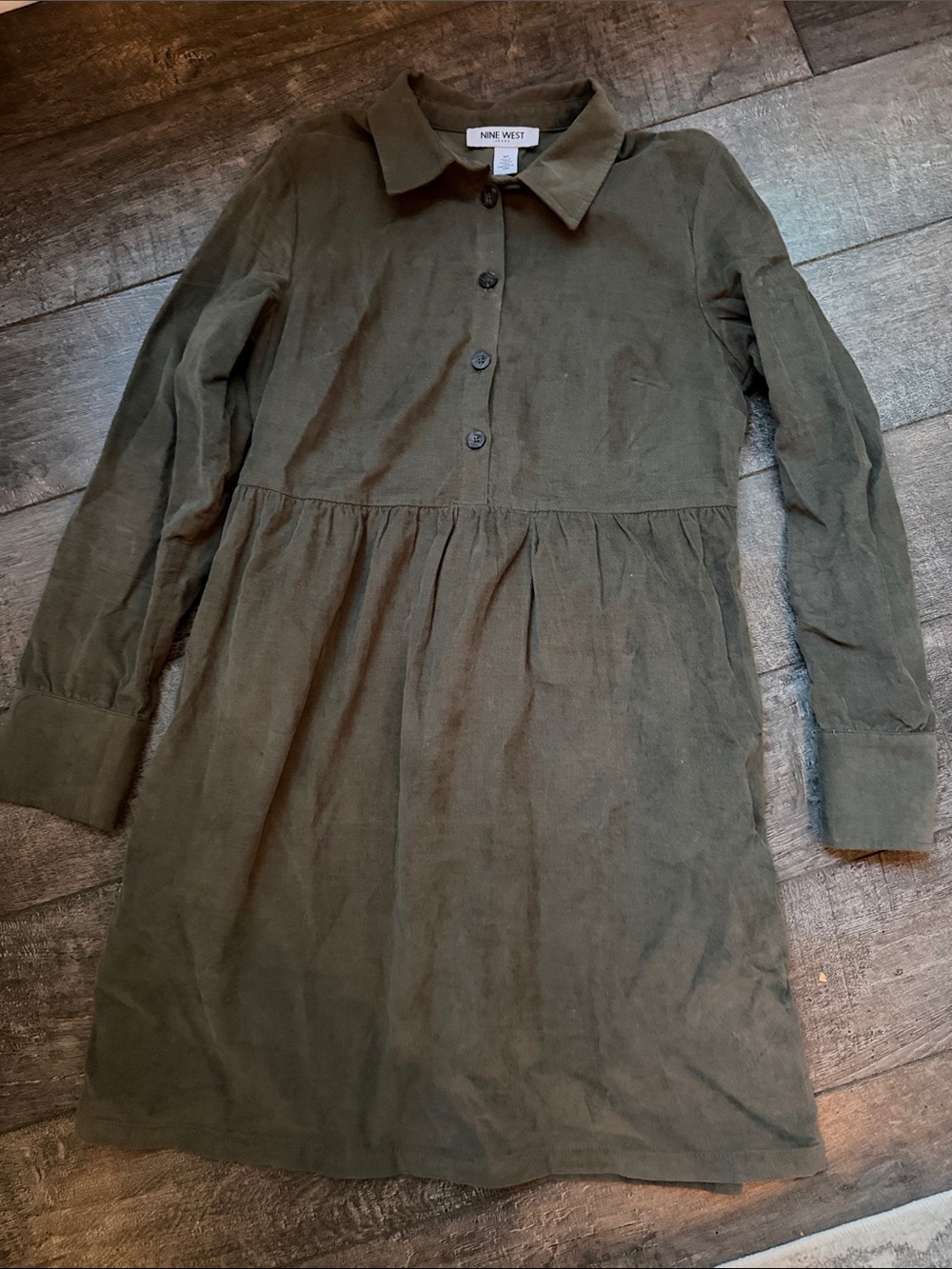 Nine West Olive Green Button-Front Long Sleeve Dress